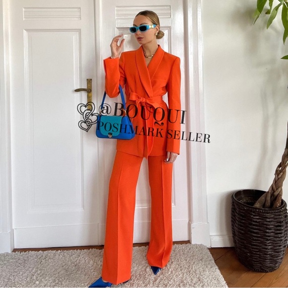 BLOGGERS FAV ZARA ORANGE BELTED TUXEDO COLLAR BLAZER - Picture 9 of 14